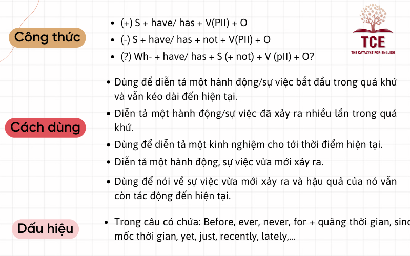 Công thức thì hiện tại hoàn thành (Present perfect tense)