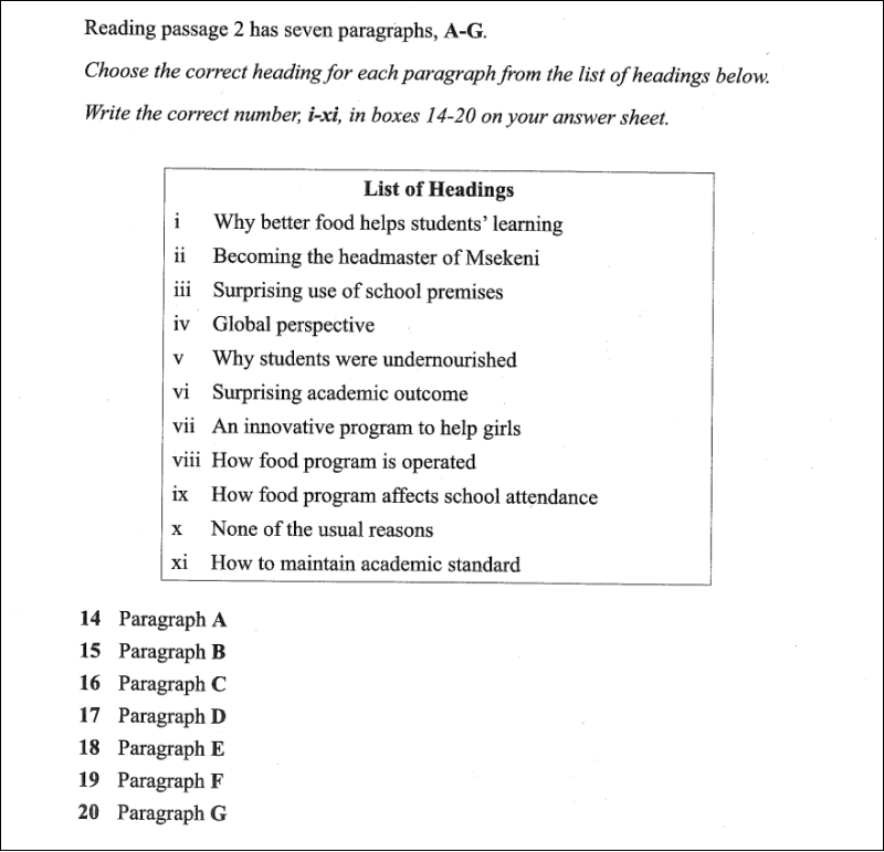 Mẫu dạng bài Matching Heading trong bài thi IELTS Reading