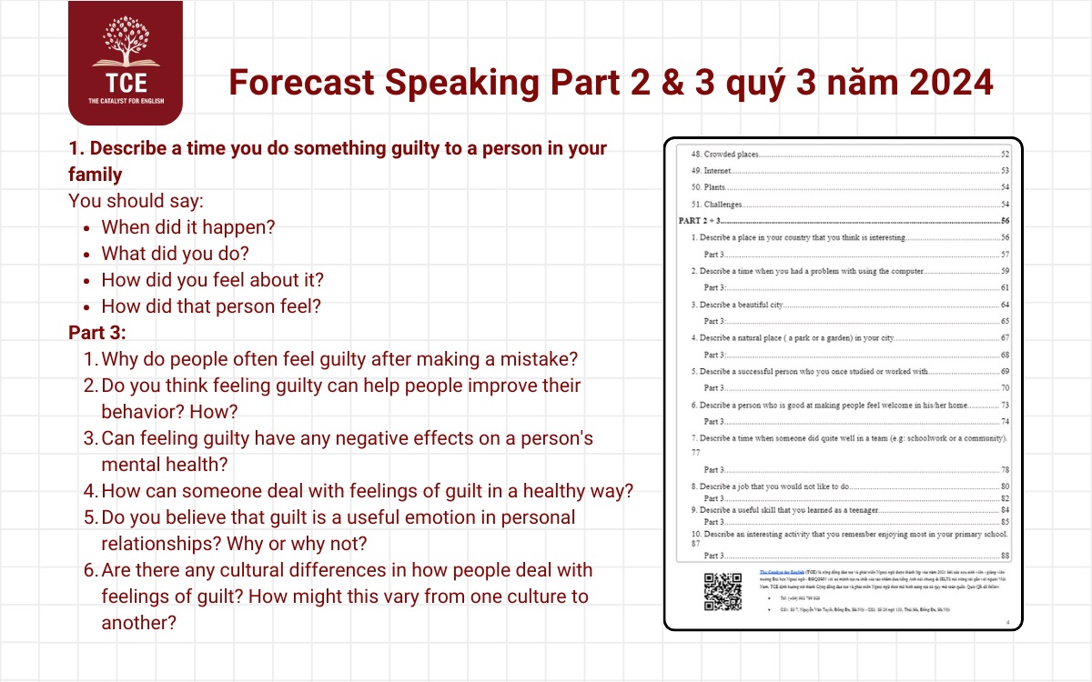 Forecast Speaking Part 2 & 3 quý 3 năm 2024