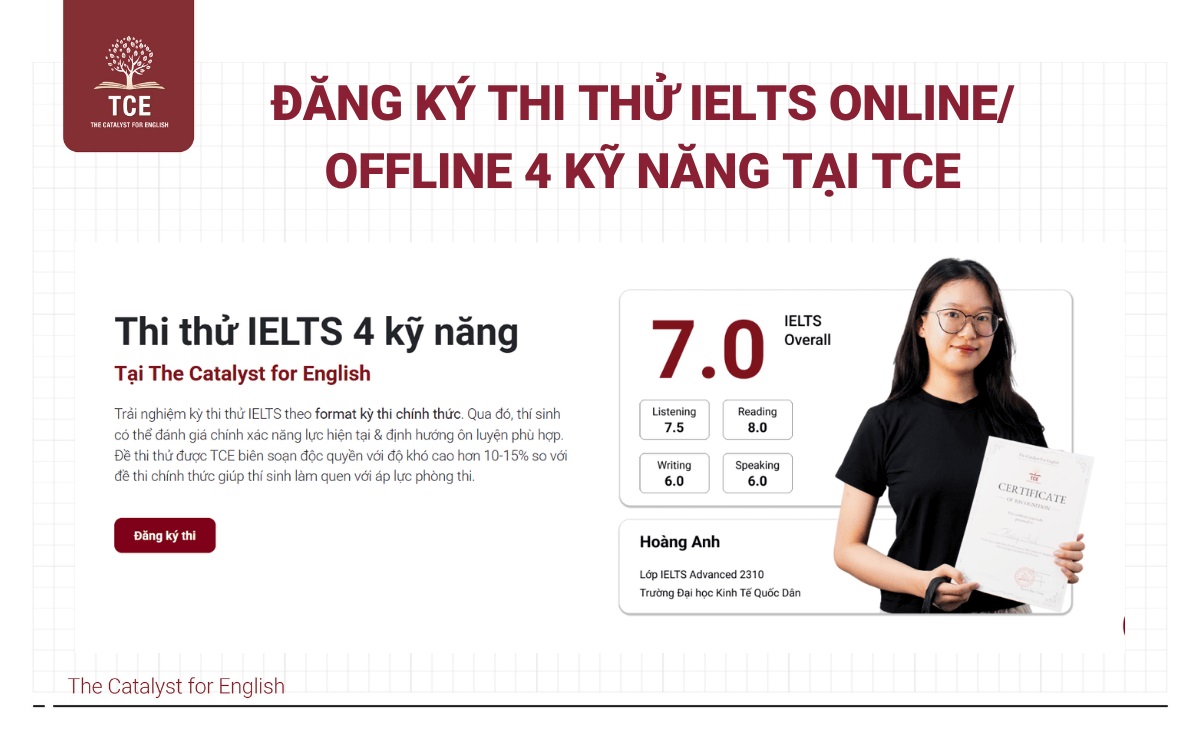 Đăng ký thi thử IELTS Online/ Offline 4 kỹ năng tại TCE