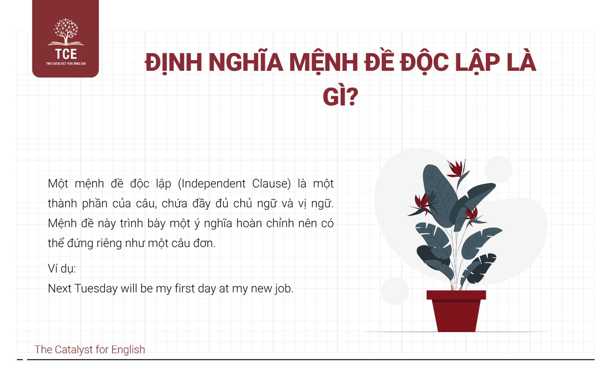 Mệnh đề độc lập (Independent Clause) là một thành phần của câu, chứa đầy đủ chủ ngữ và vị ngữ