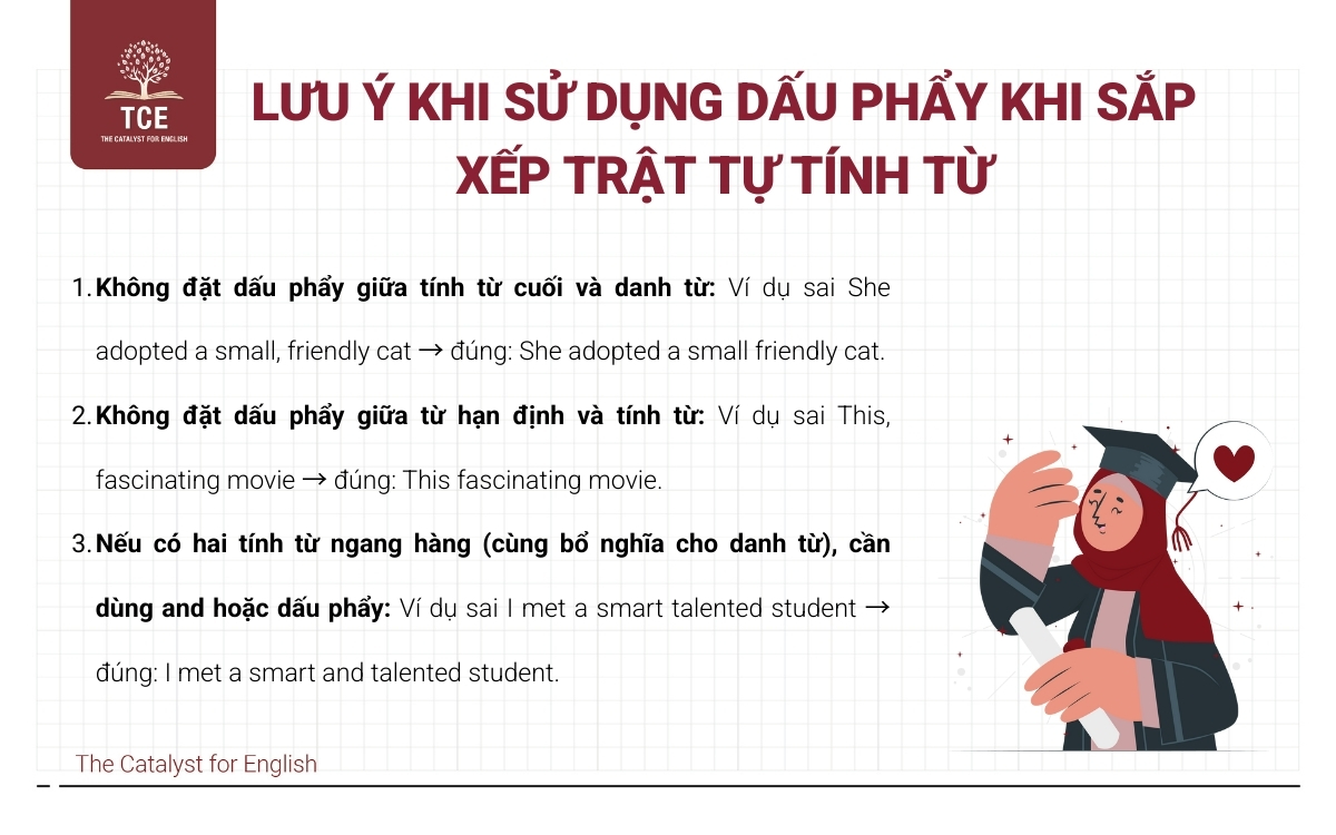 Lưu ý khi sử dụng dấu phẩy trong câu sắp xếp trật tự tính từ