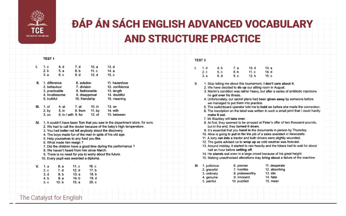 Đáp án sách English Advanced Vocabulary And Structure Practice